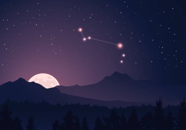 Vector constellation Apus in dark purple, starry sky. Misty hills, rising moon, dark forest, mountains