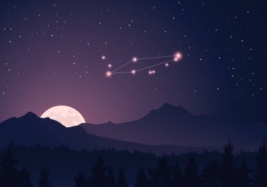Vector constellation Chamaeleon in dark purple, starry sky. Misty hills, rising moon, dark forest, mountains