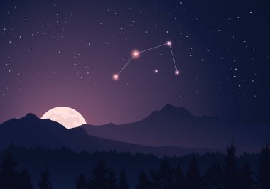 Vector constellation Antlia in dark purple, starry sky. Misty hills, rising moon, dark forest, mountains
