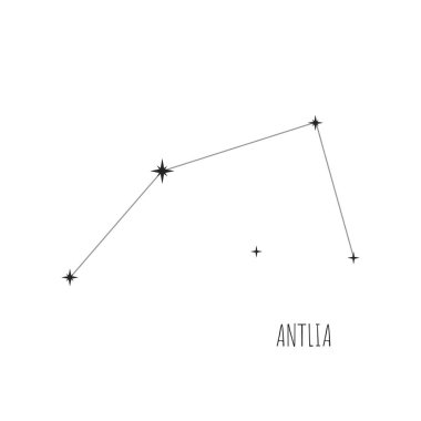 Constellation Antlia scheme in starry sky. Doodle, sketch, linear icons of all 88 constellations on white background