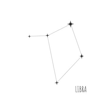 Constellation Libra scheme in starry sky. Doodle, sketch, linear icons of all 88 constellations on white background