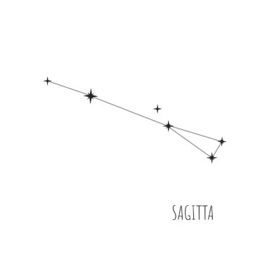 Constellation Sagitta scheme in starry sky. Doodle, sketch, linear icons of all 88 constellations on white background