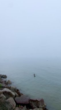 Serene Morning with Ducks Swimming on Misty Lake with Fog