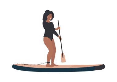 Sup surfer Black Woman on paddle board. Woman with paddle, cartoon flat vector illustration isolated from background. Sup paddling black woman character. Paddle boarding concept