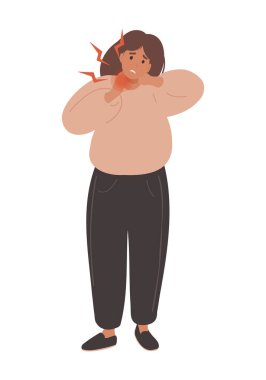 Woman suffering from pain in the neck. Health Problem, Disease Symptoms and Unhealthy Body Sickness. Cartoon flat vector Illustration