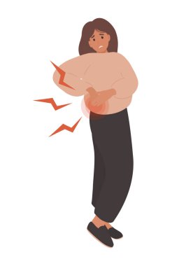 Woman suffering from lower back pain. Health Problem, Disease Symptoms and Unhealthy Body Sickness. Cartoon flat vector Illustration