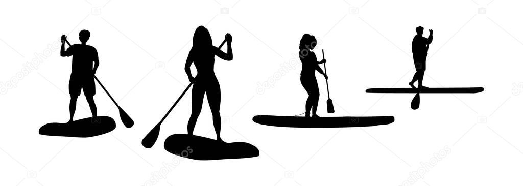 Women and mans silhouette on sup board, sup boarding concept. Various Sup surfers silhouette black woman, old man,  collections.Cartoon flat vector illustration isolated from background