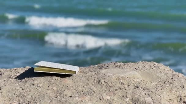 Uzavřená Kniha Pláži Pozadí Mořských Vln — Stock video