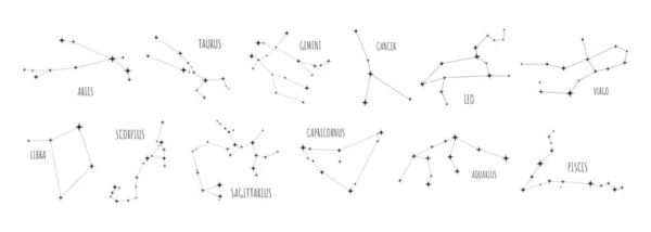 Zodiac takımyıldız koleksiyonu, 12 tabela, beyaz arkaplanda siyah karalama simgesi