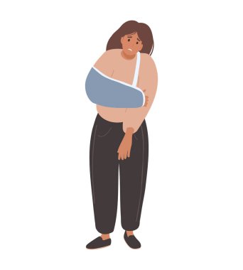 Alçıtaşında eli kırık bir kadın. İyileşme sürecinde kolundan yaralanan üzgün bir hasta. Kazadan sonra travma sapanı olan kişi. Sargılı yaralanma konsepti