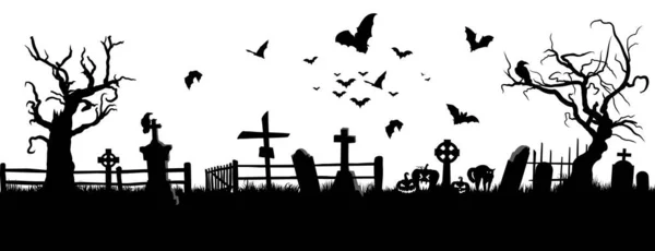 Black Cemetery Silhouette Tombstones Flying Bats Vector Illustration — Stock Vector