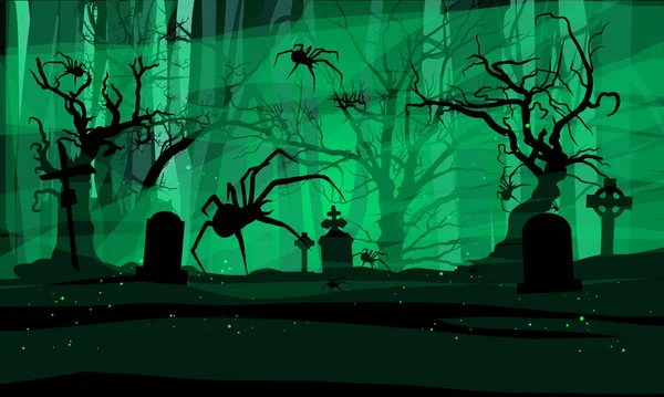 Cemetery Spiders Green Halloween Background Vector Illustration — Stock Vector