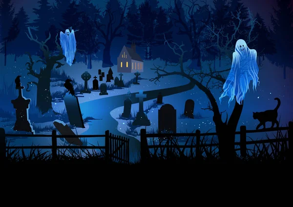 Graveyard Haunted Forest Halloween Background Vector Illustration — Stock Vector