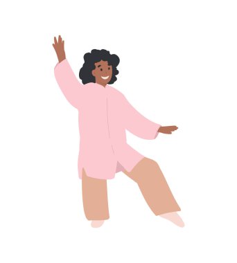 Tai Chi ve Qigong egzersizlerini çeşitli pozisyonlarda uygulayan siyah kadın karakter seti. Çizgi film düz vektör çizimi. Sağlıklı yaşam tarzı kavramı