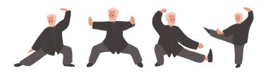 Tai Chi ve Qigong egzersizlerini çeşitli pozisyonlarda uygulayan kıdemli erkek karakter seti. Çizgi film düz vektör çizimi. Sağlıklı yaşam tarzı kavramı