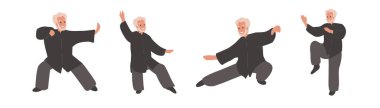 Tai Chi ve Qigong egzersizlerini çeşitli pozisyonlarda uygulayan kıdemli erkek karakter seti. Çizgi film düz vektör çizimi. Sağlıklı yaşam tarzı kavramı