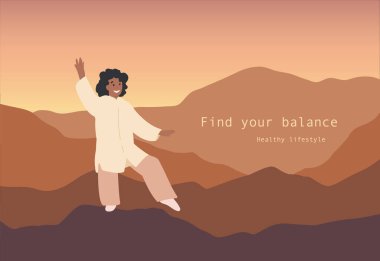 Tai Chi ve Qigong egzersizlerini çeşitli pozisyonlarda uygulayan siyah kadın karakter seti. Çizgi film düz vektör çizimi. Sağlıklı yaşam tarzı kavramı