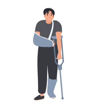 Koltuk değnekli, alçılı ayaklı, eli kırık, kolu yaralı, iyileşme sürecinde ayağı yaralı bir adam. Sargılı yaralanma konsepti