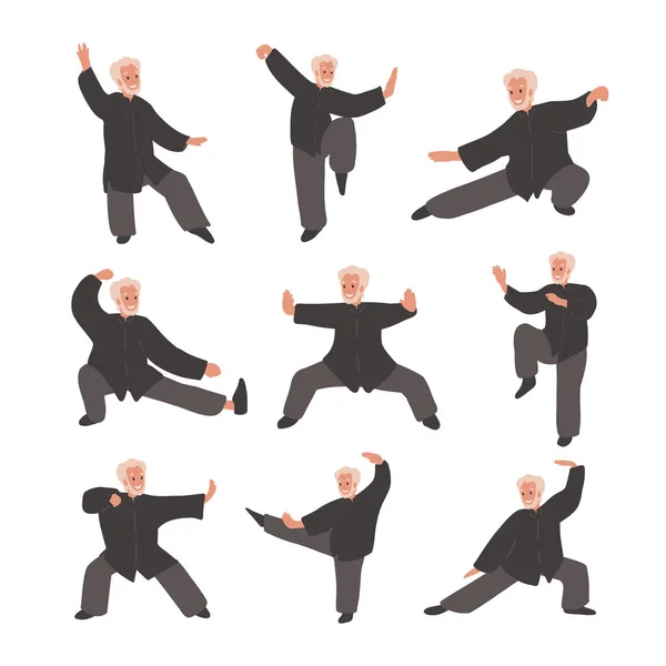 Σύνολο Senior Man Character Practicing Tai Chi Και Qigong Άσκηση — Διανυσματικό Αρχείο