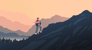 Hedefe ulaşmak için atılan başarılı adımlar kavramı. Tırmanma konsepti. Özgürlük ve seyahat konsepti. Kadın dağlara ya da kayalıklara tırmanıyor ve son durağa gidiyor.