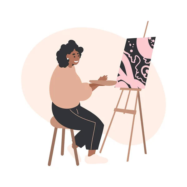 Artista Negra Pintando Caballete Ilustración Vectorial Plana Dibujos Animados Hobby — Vector de stock