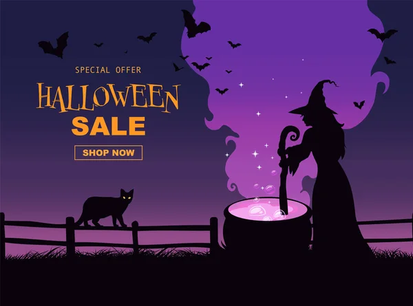 Halloween Promo Sale Flyer Halloween Elements Witches Brew Potion Cauldron — Stock Vector