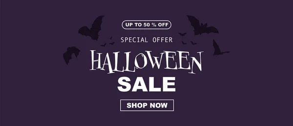 Halloween Promo Sale Banner Silhouettes Bats Purple Background Simple Template — Stock Vector