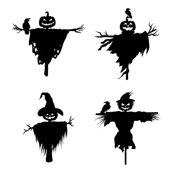 Scarecrow Silhouette 컬렉션은 배경에서 삽화이다 까마귀가 할로윈 컨셉을 디자인 — 스톡 벡터