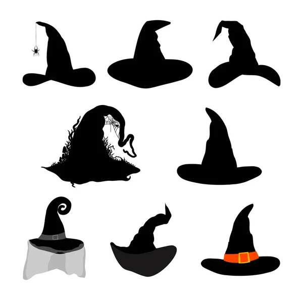 Силуэт Колпаков Ведьм Векторная Иллюстрация Изолирована Белом Фоне Коллекция Шляпы — стоковый вектор