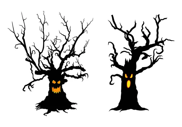 Uppsättning Halloween Kusliga Träd Vektor Illustration Isolerad Från Bakgrunden Silhuett — Stock vektor
