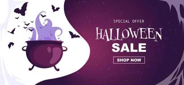 Halloween Banner Boiling Brew Cauldron Flock Bats Template Vouchers Offers — Stock Vector
