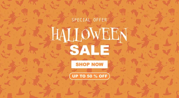 Halloween Promo Sale Banner Broomstick Witch Pumpkins Spiders Bats Template — Stock Vector