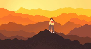 Hedefe ulaşmak için atılan başarılı adımlar kavramı. Tırmanma konsepti. Özgürlük ve seyahat konsepti. Kadın dağlara ya da kayalıklara tırmanıyor ve son durağa gidiyor.