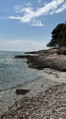 Deniz arka planı, kayalık kıyı şeridi güneş ışıkları. Yüksek kaliteli FullHD görüntüler