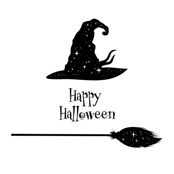 Happy Halloween Karte Zauberhut Und Besenstiel Sternen Gestaltungselemente Des Assistenten — Stockvektor
