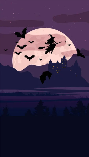 Απόκριες Πανό Πρότυπο Ευχετήρια Κάρτα Ιπτάμενη Μάγισσα Σιλουέτες Νυχτερίδων Πανσέληνος — Διανυσματικό Αρχείο