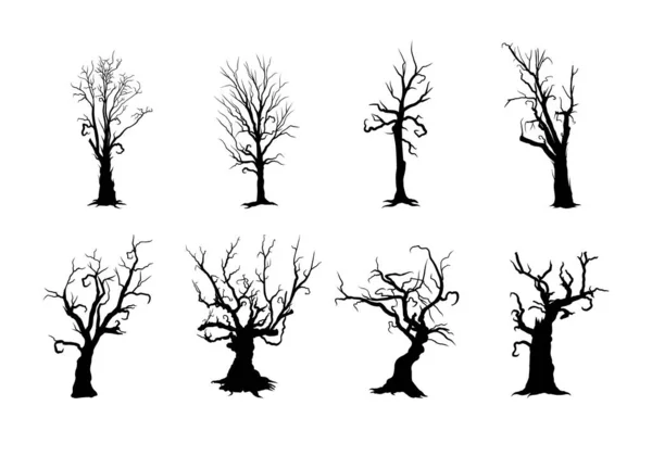 Coleções Árvores Assustadoras Halloween Ilustração Vetorial Isolada Fundo Silhueta Fantasia — Vetor de Stock