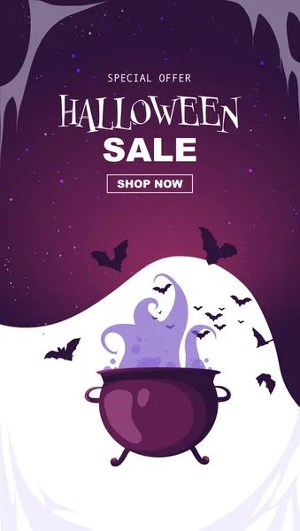 Bannière Halloween Avec Une Infusion Bouillante Dans Chaudron Troupeau Chauves — Image vectorielle