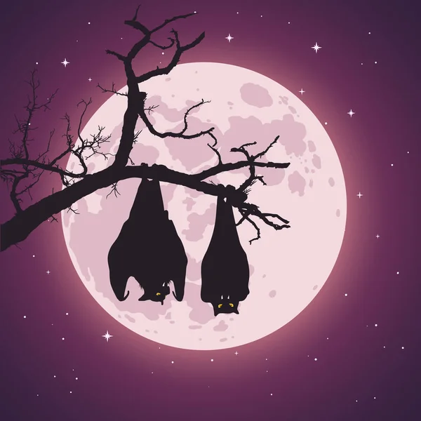 Летучие Мыши Висящие Жуткой Ветке Дерева Ночь Луны Сцене Хэллоуина — стоковый вектор