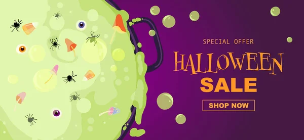 Halloween Promo Sale Banner Cauldron Brew Potion Eye Sweets Mushrooms — Stock Vector