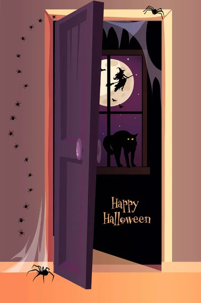 Halloween Poster Schwarze Katze Sitzt Auf Fenster Mit Vollmond Spinne — Stockvektor