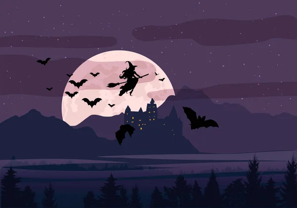 Halloween Banner Vorlage Grußkarte Fliegende Hexe Fledermaussilhouetten Vollmond Drachenburg Und — Stockvektor
