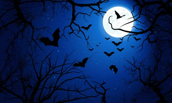 Жуткий Фон Хэллоуина Страшным Деревом Летучими Летучими Мышами Полной Луной — стоковый вектор