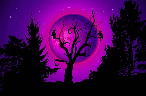 Silhouette Arbre Milieu Forêt Pleine Lune Chauves Souris Sur Des — Image vectorielle
