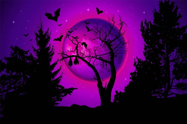 Silhouette Arbre Milieu Forêt Pleine Lune Chauves Souris Sur Des — Image vectorielle