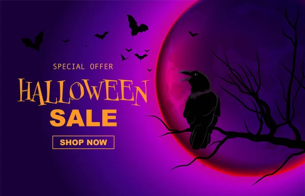 Halloween Sale Banner Spooky Cartoon Background Template Full Moon Flying — Stock Vector