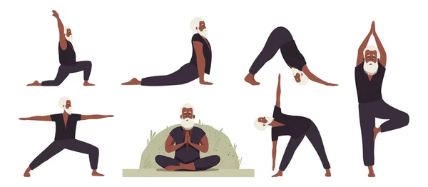 Senior Old Black Man Doing Yoga Pose Collection Healthy Lifestyle — Stock Vector