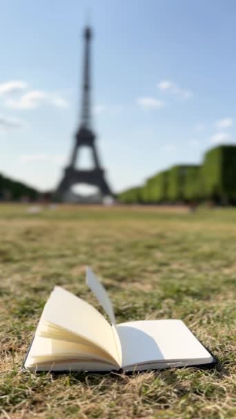 Wind Flipping Notebook Lapok Fűpályán Franciaországban Eiffel Torony Háttérben Kiváló — Stock videók