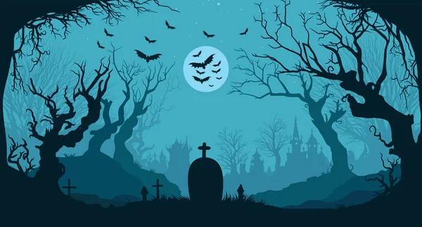 Cemitério Floresta Assombrada Halloween Fundo Azul Ilustração Vetorial — Vetor de Stock