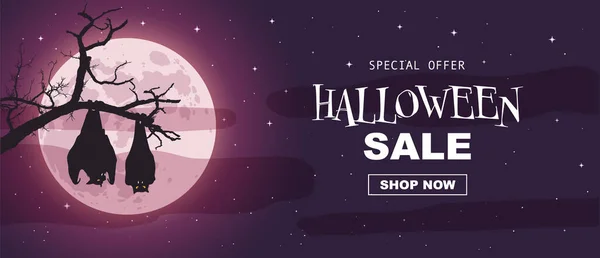 Halloween Promo Sale Banner Bat Crooked Branch Full Moon Thick — Stock Vector